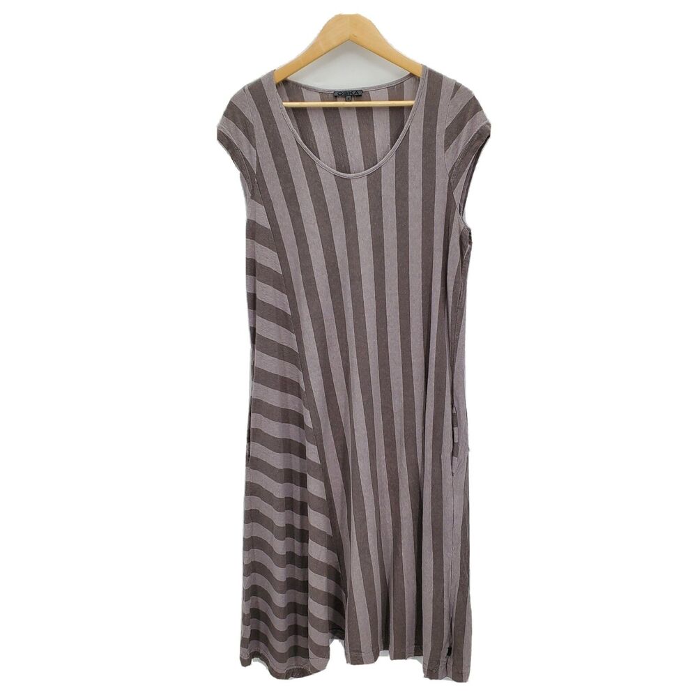 Oska Womens Hemp Cotton Dress Gray Striped Size 4 Regular Fit US 12/14 Lagenlook